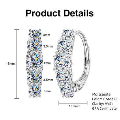 2025 New D VVS1 Moissanite 5 Stone Hoop Clip Earrings for Women Real 925 Silver Luxury Wedding Jewelry Lab Diamond 4mm&3.5mm&3mm