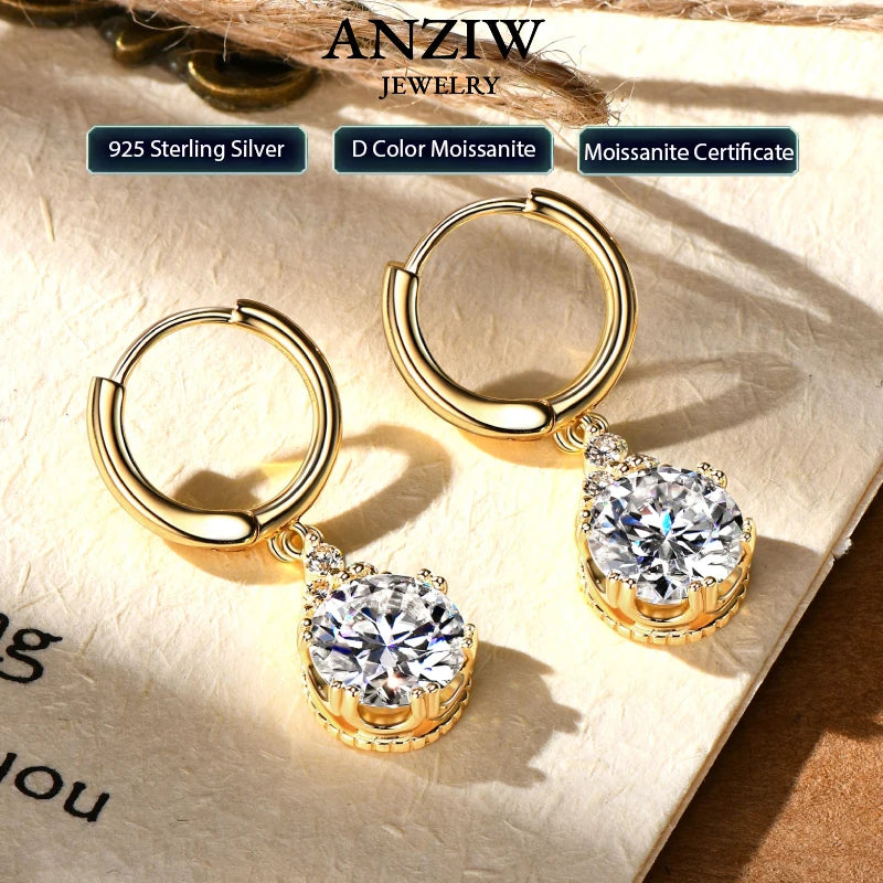 Anziw 2CT 1CT D Color Moissanite Dangle Drop Earrings for Women 925 Silver Elegant Wedding Engagement Earrings with Certificate