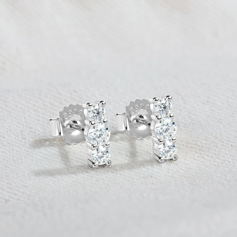 Anziw Sparking 3mm 3 Stone Moissanite Stud Earrings Real S925 Silver for Women Plated White Gold Daily Jewelry Valentine's Gift
