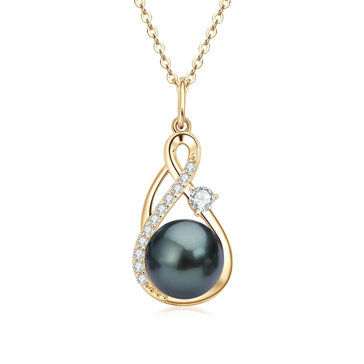 Anziw 10mm Freshwater/Tahitian Black Pearl Moissanite Infinity Pendant Necklace Silver 925 Wedding Jewelry for Women Gift 45+5cm