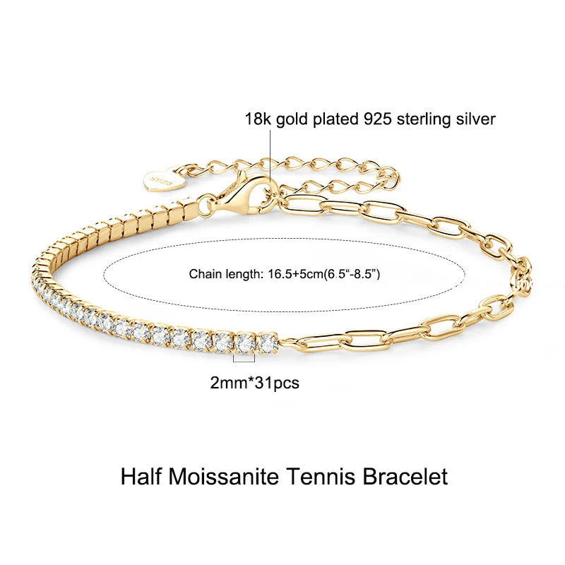 Anziw 925 Sterling Silver Plated 14K Gold Tennis Bracelet 3mm 5mm D VVS1 Round Moissanite Bracelets for Women Men Couples Gifts