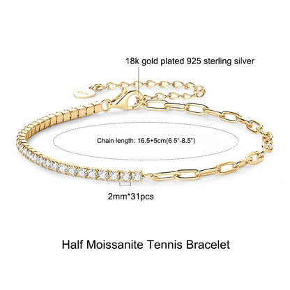 Anziw 925 Sterling Silver Plated 14K Gold Tennis Bracelet 3mm 5mm D VVS1 Round Moissanite Bracelets for Women Men Couples Gifts