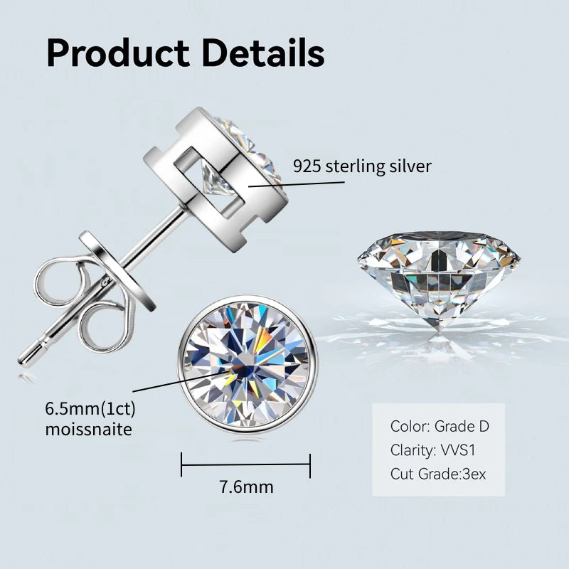 Anziw Bezel 5mm 6.5mm 1CT D Color Moissanite Earrings 925 Sterling Silver Plated K Gold Earrings for Men Women Gift Valentine's