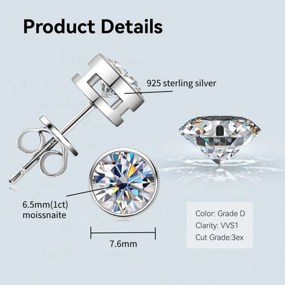 Anziw Bezel 5mm 6.5mm 1CT D Color Moissanite Earrings 925 Sterling Silver Plated K Gold Earrings for Men Women Gift Valentine's
