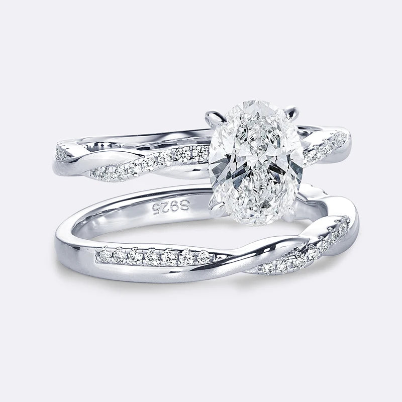 Anziw Original 925 Sterling Sliver Bridal Ring Set 2.0 Carat Oval Moissanite Engagement Wedding Promise Bands Jewelry for Women