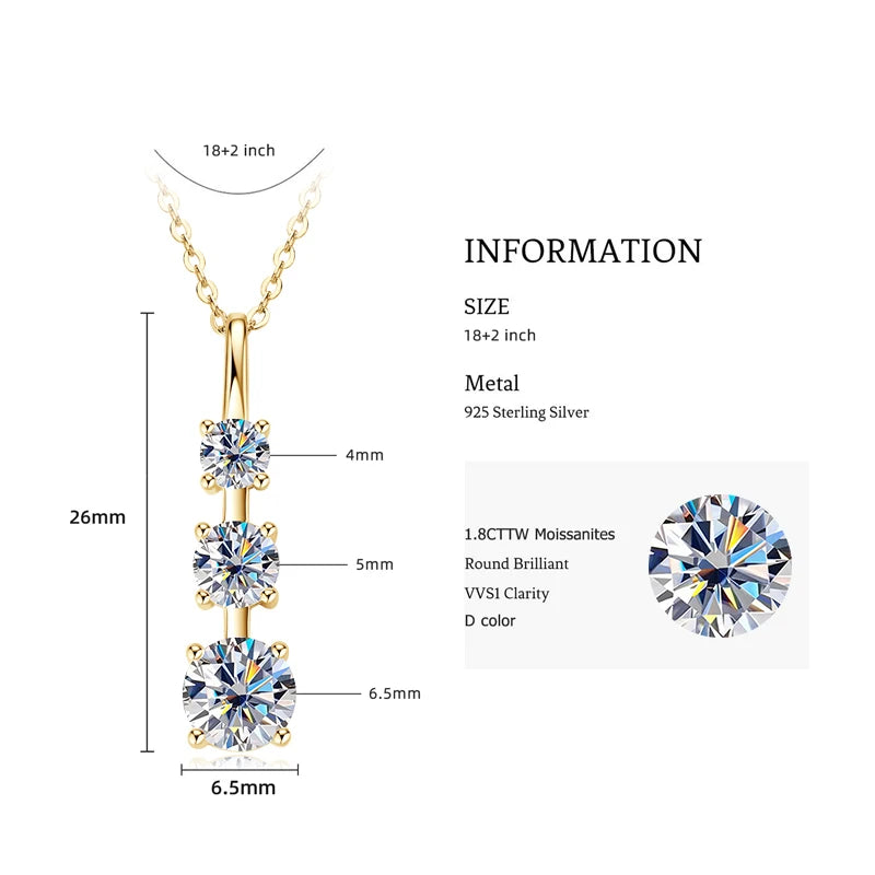4mm&3.5mm&3mm 0.60cttw. 3 Stones D Color Moissanite Pendant Necklaces 925 Silver for Women 18K Gold Plated 2025 Trendy Jewelry