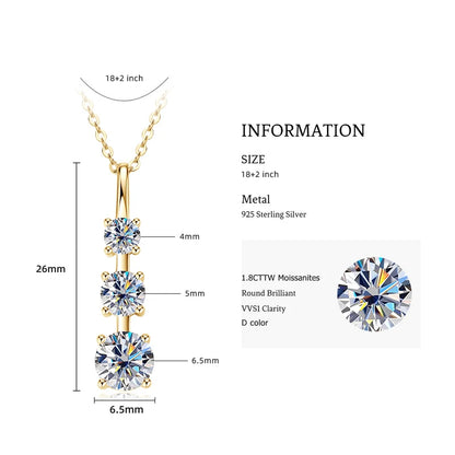 4mm&3.5mm&3mm 0.60cttw. 3 Stones D Color Moissanite Pendant Necklaces 925 Silver for Women 18K Gold Plated 2025 Trendy Jewelry