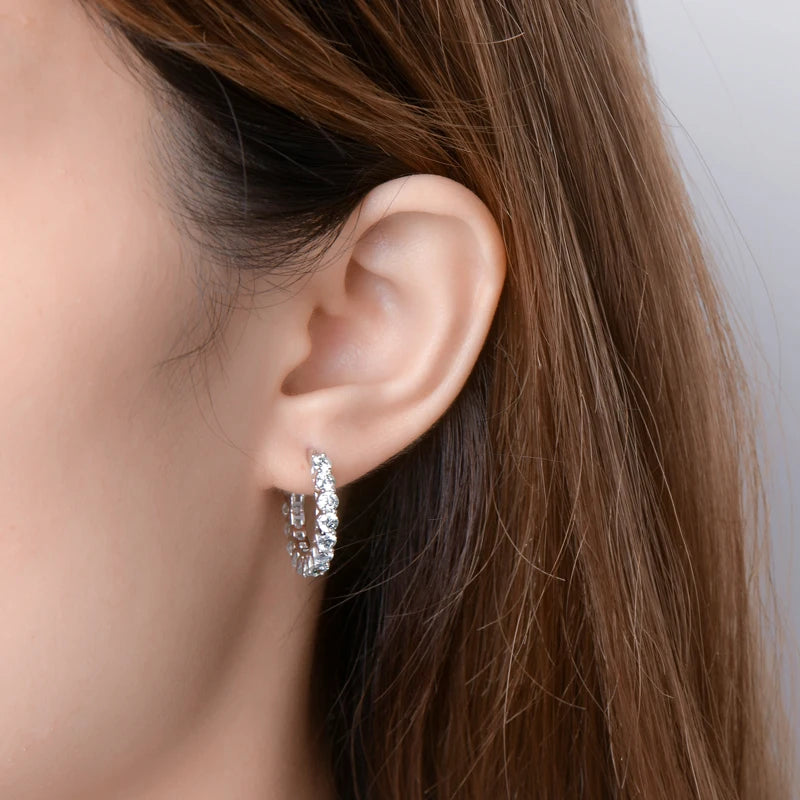Anziw Luxury Hoops Sparking Full 3mm/4mm Moissanite Earrings Solid Silver 925 for Women Huggie Wedding Engagement Jewelry Gifts