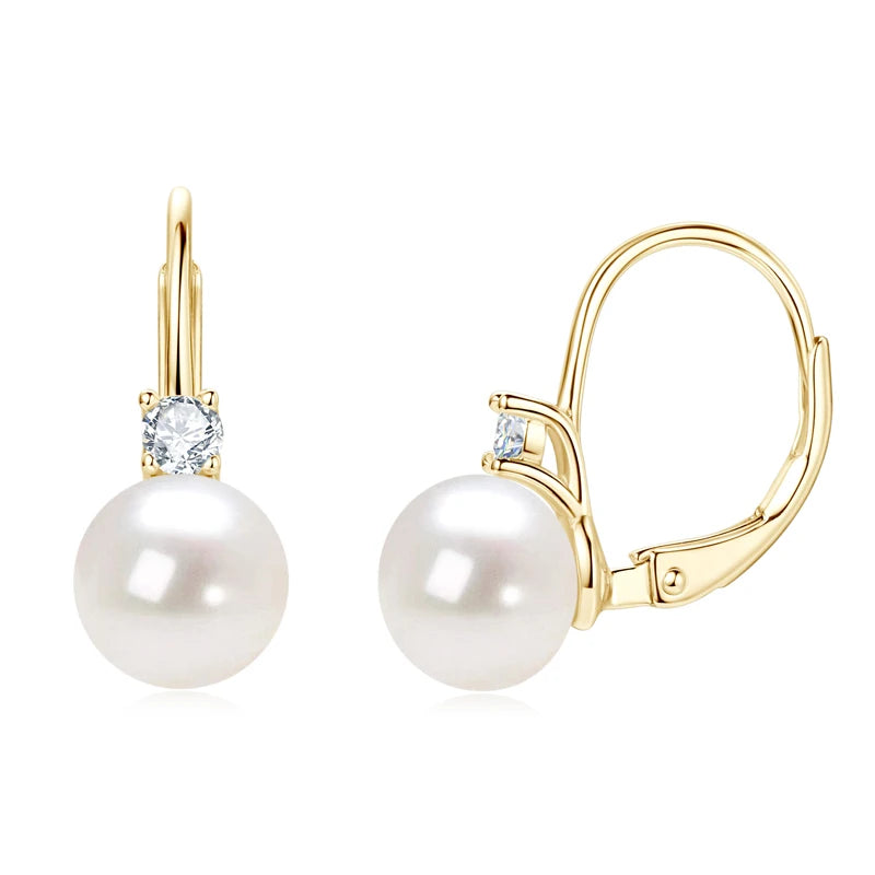 Anziw 925 Sterling Silver 8-9mm Natural Freshwater Pearl and 3mm Moissanite Hoop Drop Earrings Wedding Fine Jewelry for Women