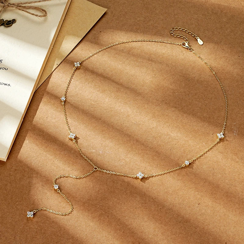 Anziw Moissanite Long Tassel Pendant Necklace 925 Silver Four Clover Flower Y Chain Necklace for Women Valentine Gift Trend 2024