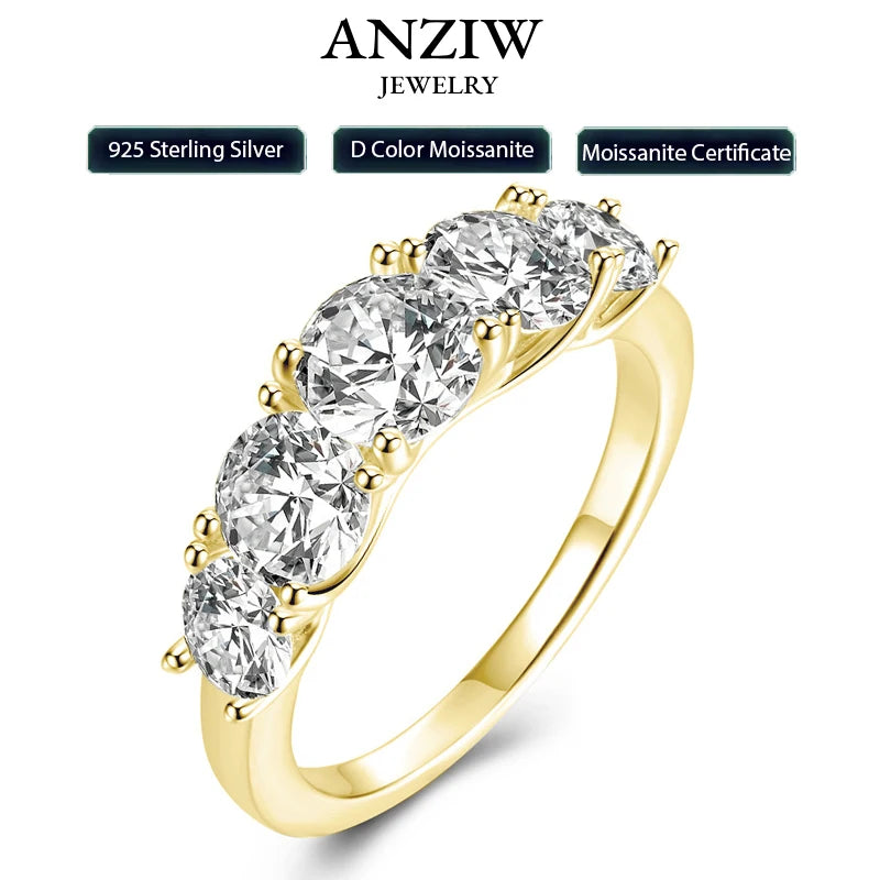 Anziw 5 Stone Rings 3.6cctw D Color Moissanite Engagement Wedding Bands Sliver 925 for Women Sparkling Diamonds Jewelry With