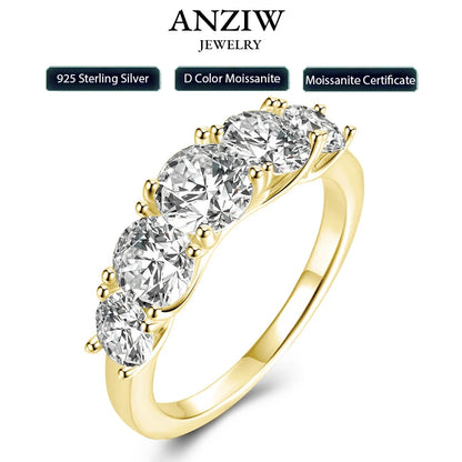 Anziw 5 Stone Rings 3.6cctw D Color Moissanite Engagement Wedding Bands Sliver 925 for Women Sparkling Diamonds Jewelry With