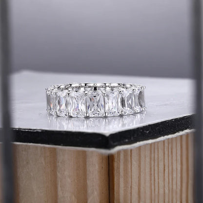 Anziw 925 Sterling Silver 6x4mm Radiant Cut Dull Eternity Engagement Ring Band Simulated Diamond Wedding Rings for Women Jewelry