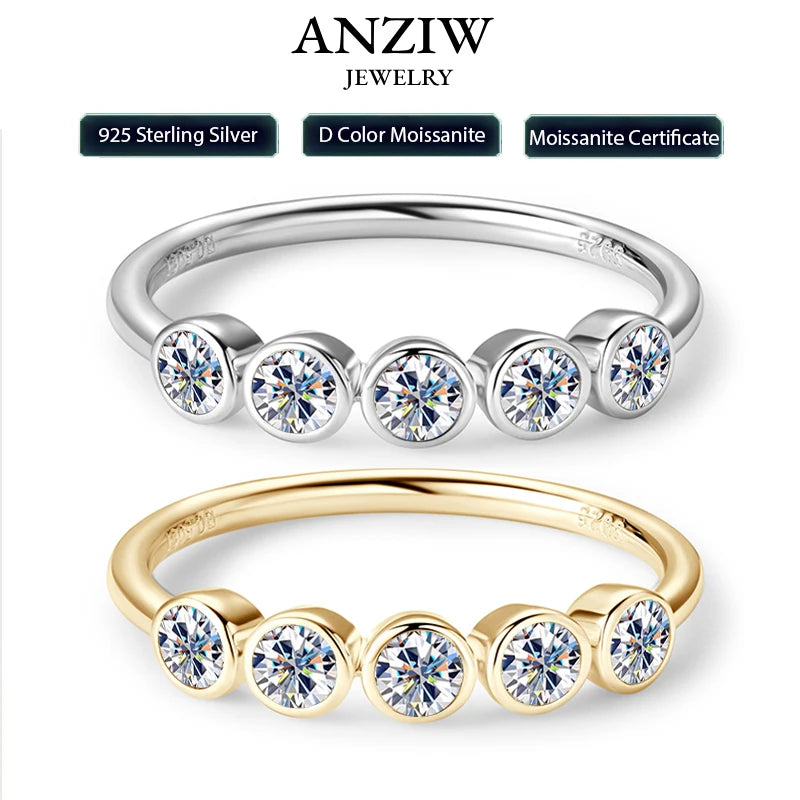Anziw 925 Sterling Silver 3mm D-E Moissanite Rings for Women Fashion Five Stones Ring Daily Wear Finger Band Fine Jewelry Gifts