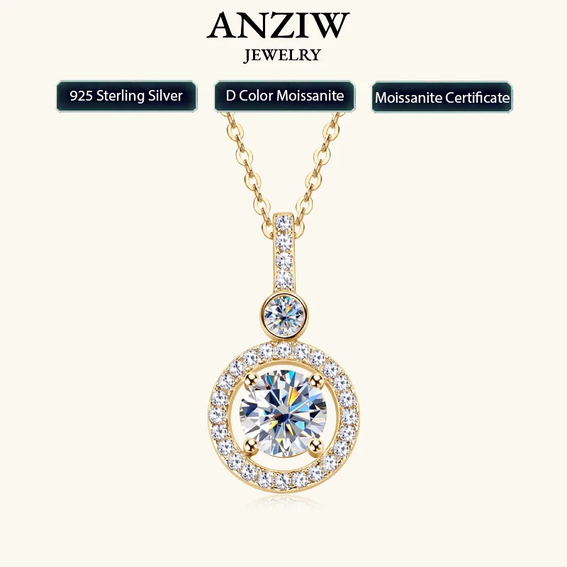 Anziw 925 Sterling Silver Pendant Necklace Moissanite 6.5mm 1.33CTW. Round Cut Birthday Party Valentine Day Gift Women Jewelry