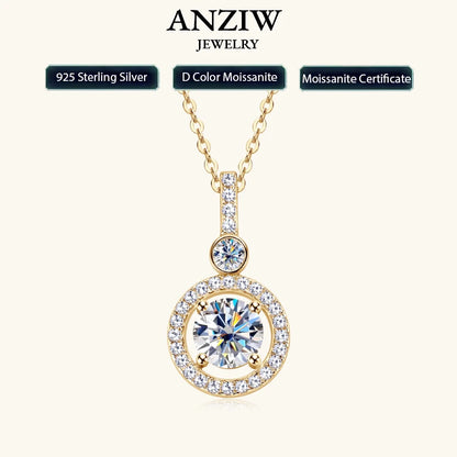 Anziw 925 Sterling Silver Pendant Necklace Moissanite 6.5mm 1.33CTW. Round Cut Birthday Party Valentine Day Gift Women Jewelry