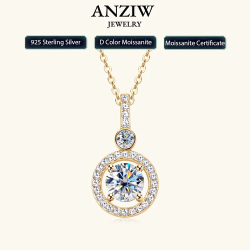 Anziw 925 Sterling Silver Pendant Necklace Moissanite 6.5mm 1.33CTW. Round Cut Birthday Party Valentine Day Gift Women Jewelry