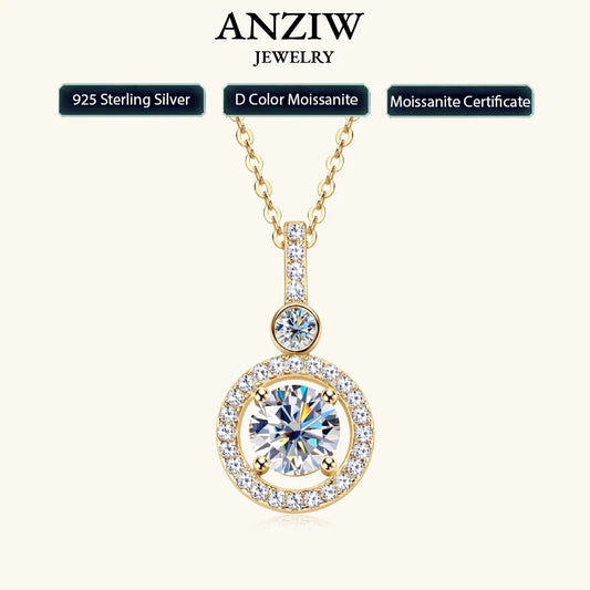 Anziw 925 Sterling Silver Pendant Necklace Moissanite 6.5mm 1.33CTW. Round Cut Birthday Party Valentine Day Gift Women Jewelry