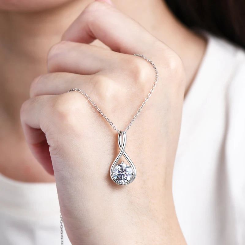 18K Gold Plated Solitaire Round 8mm 2ct Moissanite Infinity Pendant Necklace 925 Sterling Silver Women Teardrop D Color Diamond