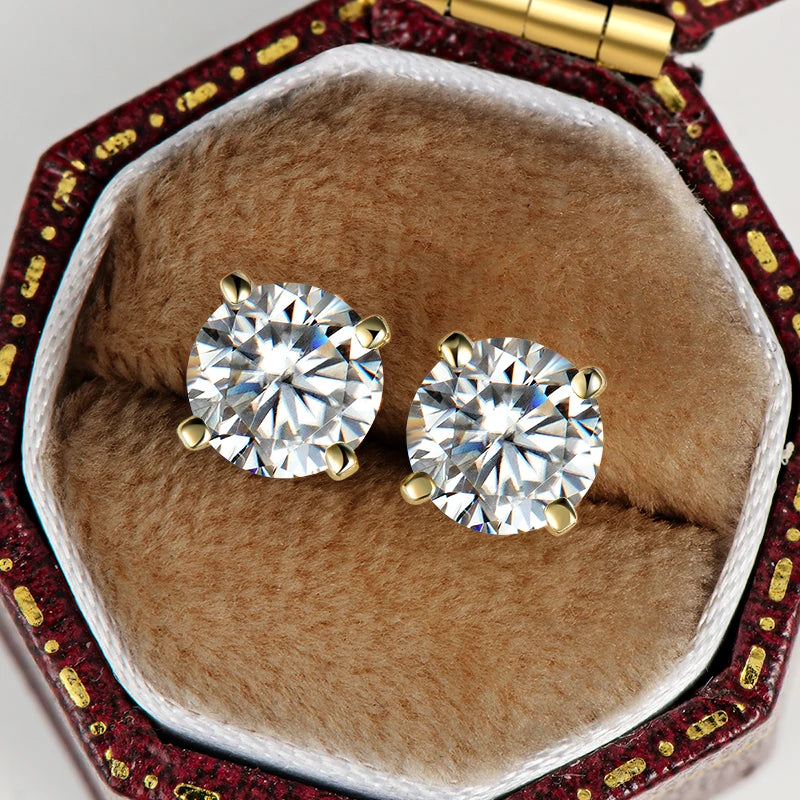 Anziw 100% 925 Sterling Silver Gold Stud Earrings 6.5mm D Color Moissanite 4 Claw Earrings Classic Jewelry for Women Girl Gift