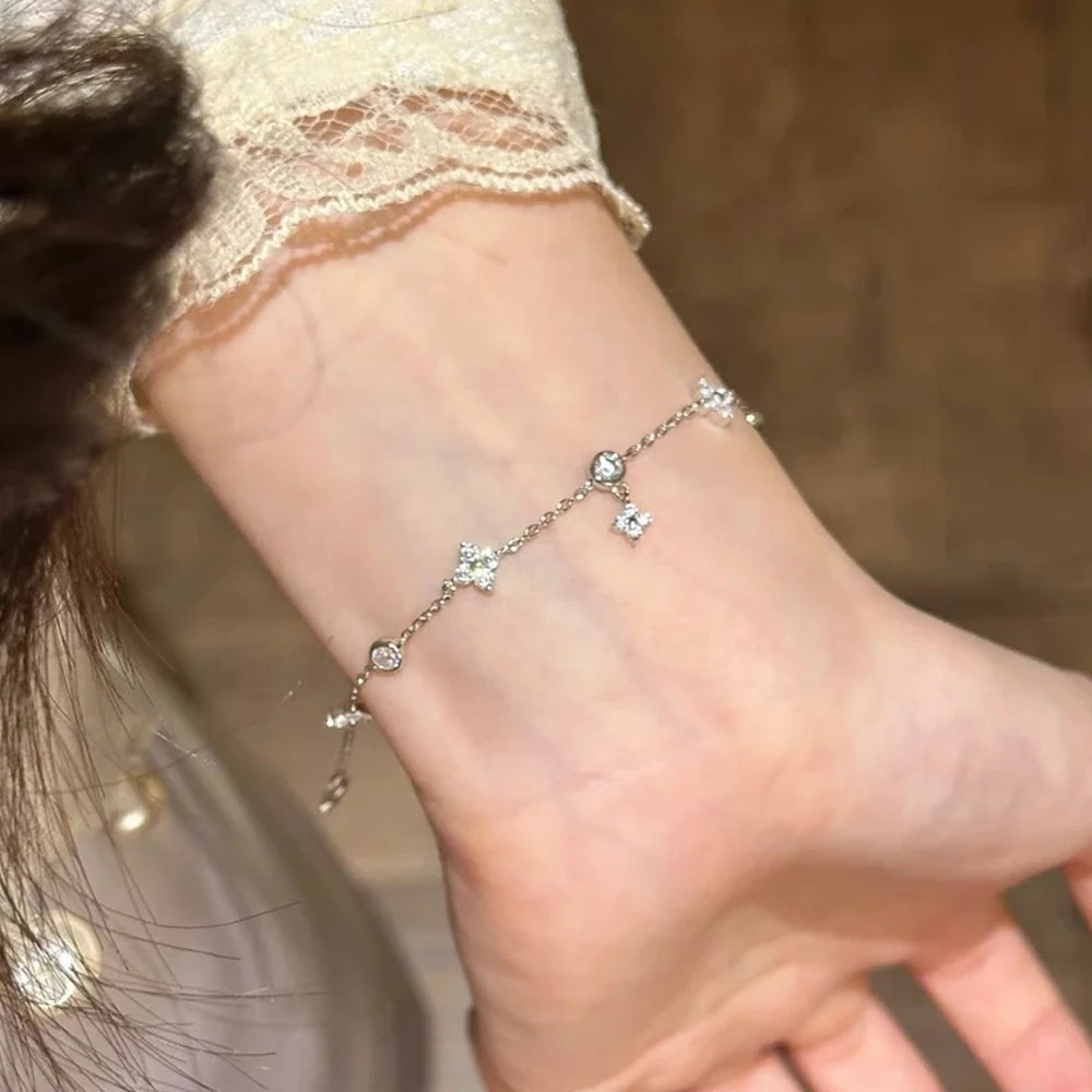 Anziw Certified D-E Moissanite Bracelet 925 Sterling Silver Women's Clover Flower Bracelets Adjustable S925 Chain Trendy Jewelry