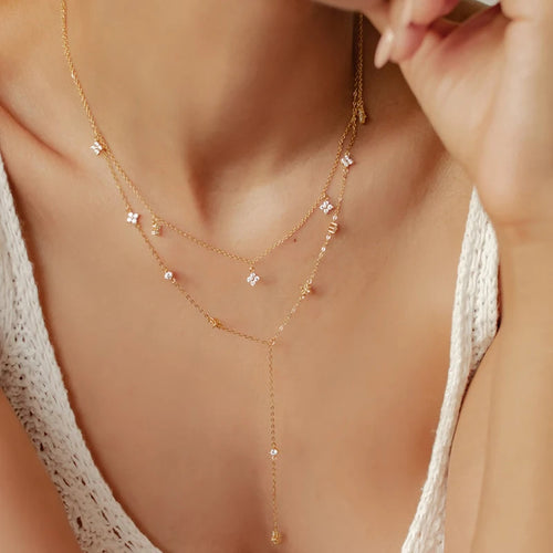 Anziw Moissanite Long Tassel Pendant Necklace 925 Silver Four Clover Flower Y Chain Necklace for Women Valentine Gift Trend 2024
