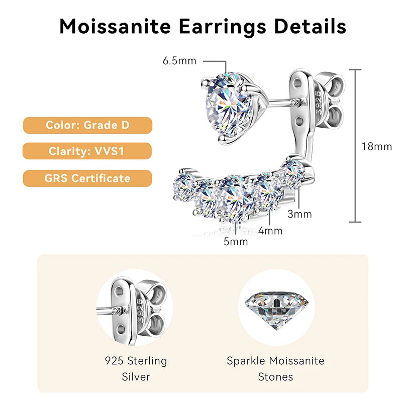 Anziw Trendy Dual Use Earrings Jackets 925 Sterling Silver D Color Moissanite Ear Jacket Studs for Women Jewelry Valentine Gifts