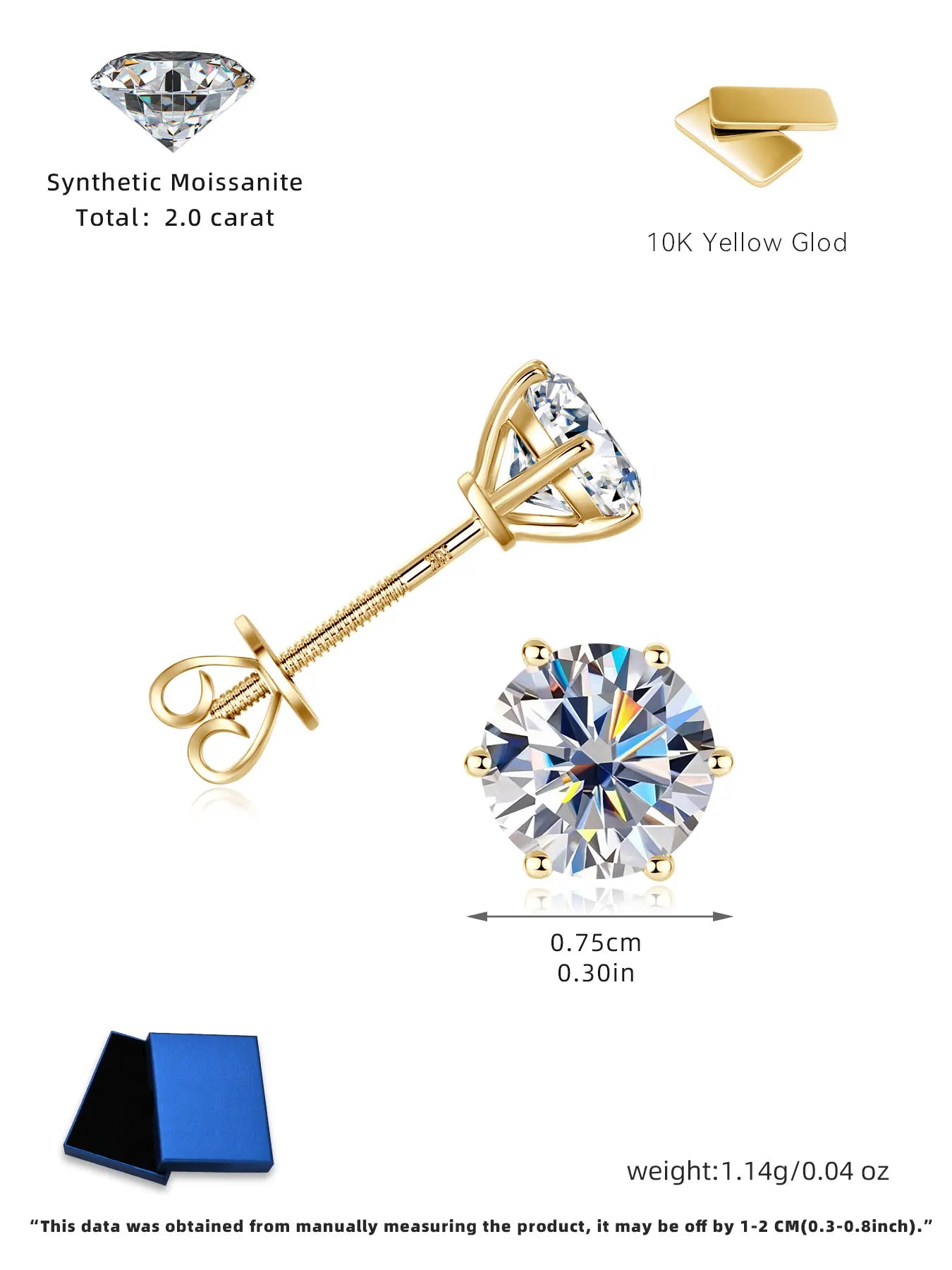 Anziw Real Gold 10K Stud Earrings Moissanite 1ct  6.5mm D Color Screw Back Six Claws Earrings for Women Men Classic Gold Jewelry