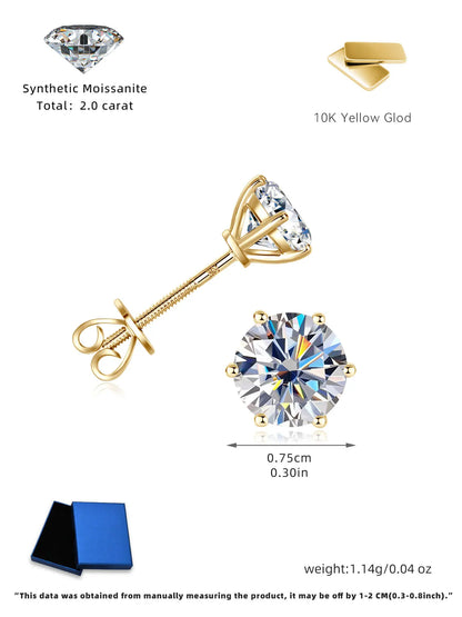 Anziw Real Gold 10K Stud Earrings Moissanite 1ct  6.5mm D Color Screw Back Six Claws Earrings for Women Men Classic Gold Jewelry