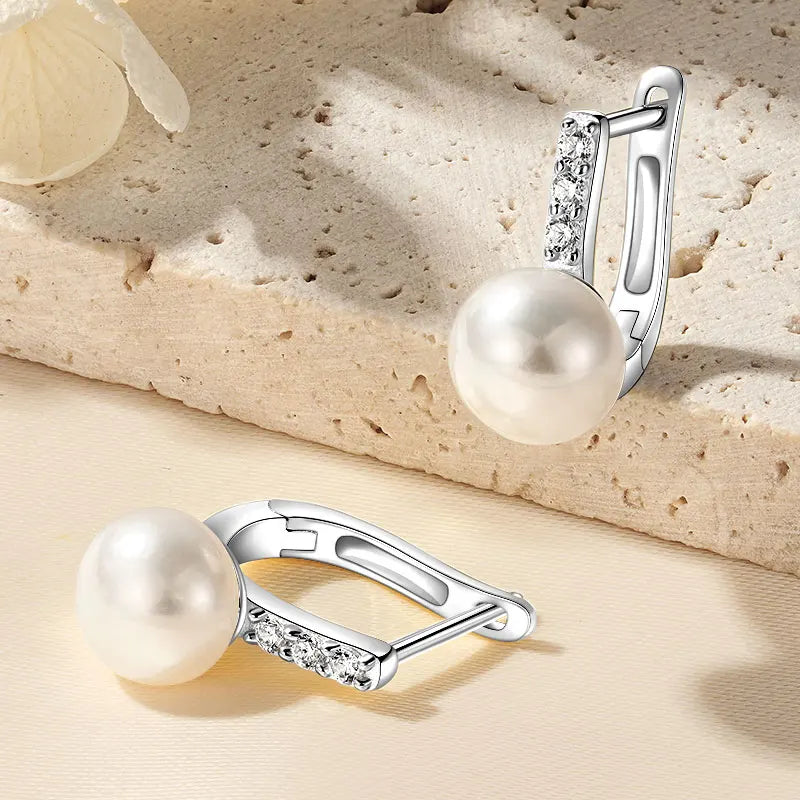 Anziw Genuine 925 Sterling Silver Earrings 8-8.5mm Cultured Freshwater Pearl Hoop Huggie Earrings Wedding Jewelry for Women Gift