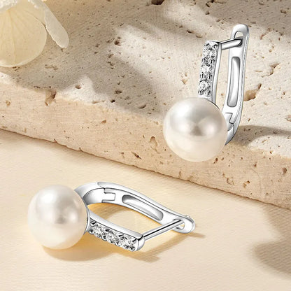 Anziw Genuine 925 Sterling Silver Earrings 8-8.5mm Cultured Freshwater Pearl Hoop Huggie Earrings Wedding Jewelry for Women Gift