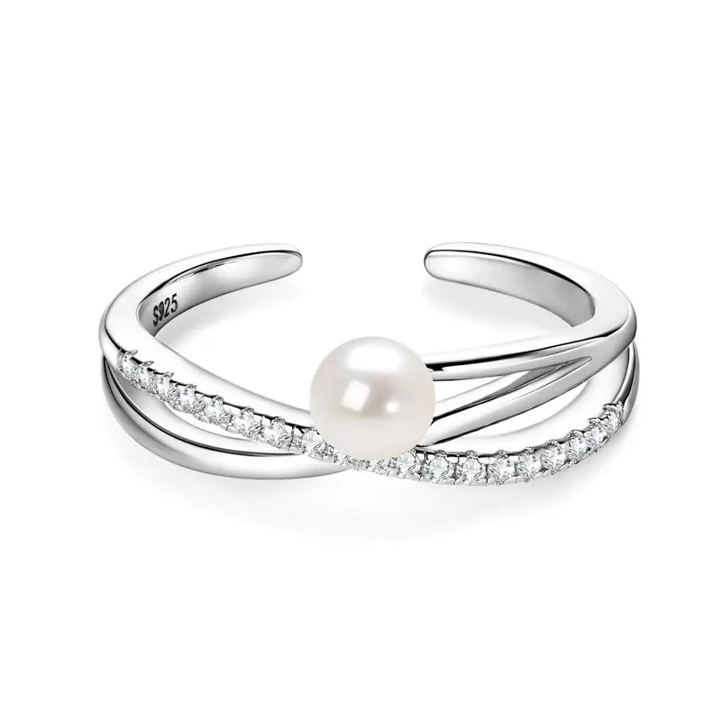 ANZIW s925 4-4.5mm Natural Freshwater Pearl Cross Rings for Women 925 Sterling Silver Trendy Opening Bands Ring Finger Jewelry