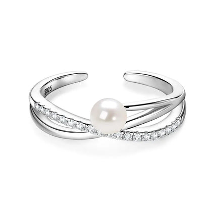 ANZIW s925 4-4.5mm Natural Freshwater Pearl Cross Rings for Women 925 Sterling Silver Trendy Opening Bands Ring Finger Jewelry