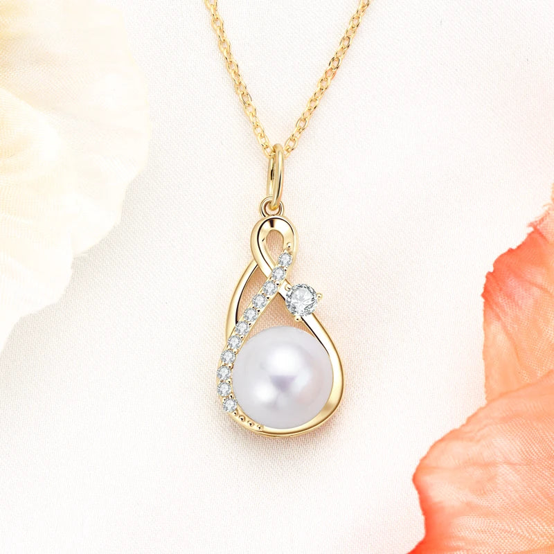 Anziw 10mm Freshwater/Tahitian Black Pearl Moissanite Infinity Pendant Necklace Silver 925 Wedding Jewelry for Women Gift 45+5cm
