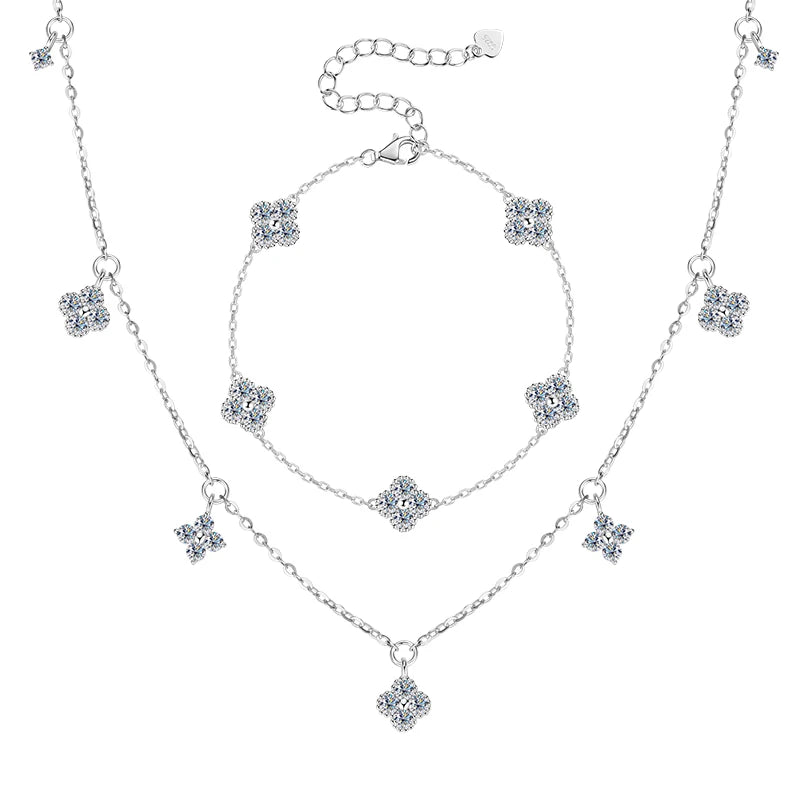 Anziw 3mm D Moissanite Jewelry Set Clover Flower Pendant Necklace Earrings Bracelet 3 in 1 Sets for Women 925 Silver Charm Gifts