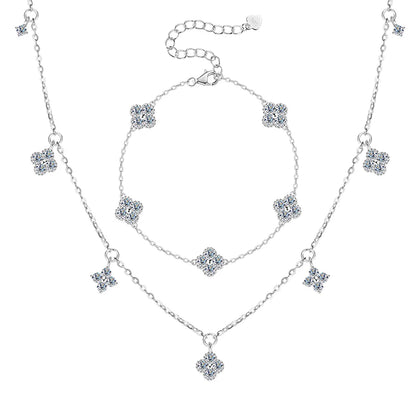 Anziw 3mm D Moissanite Jewelry Set Clover Flower Pendant Necklace Earrings Bracelet 3 in 1 Sets for Women 925 Silver Charm Gifts
