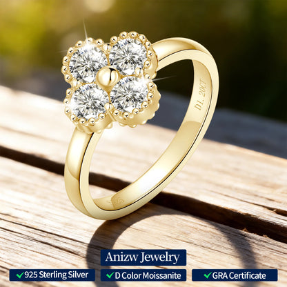 Anziw 0.30CT 4MM Moissanite Ring for Women Real 925 Silver Ring Fashion Clover Flower Finger Jewelry Christmas Valentine's Gifts