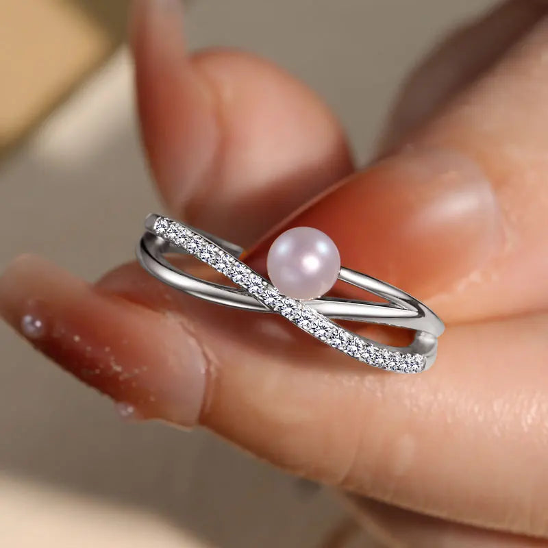 ANZIW s925 4-4.5mm Natural Freshwater Pearl Cross Rings for Women 925 Sterling Silver Trendy Opening Bands Ring Finger Jewelry