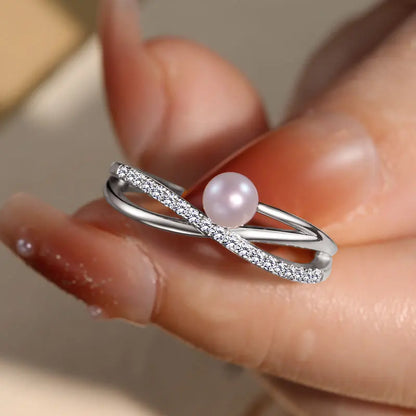 ANZIW s925 4-4.5mm Natural Freshwater Pearl Cross Rings for Women 925 Sterling Silver Trendy Opening Bands Ring Finger Jewelry