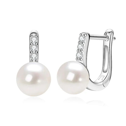 Anziw Genuine 925 Sterling Silver Earrings 8-8.5mm Cultured Freshwater Pearl Hoop Huggie Earrings Wedding Jewelry for Women Gift