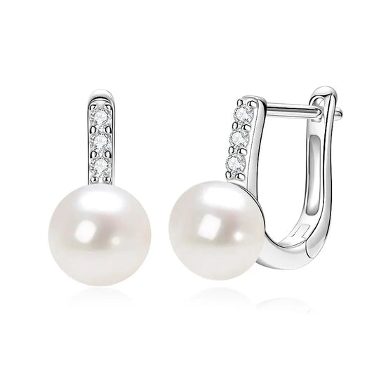 Anziw Genuine 925 Sterling Silver Earrings 8-8.5mm Cultured Freshwater Pearl Hoop Huggie Earrings Wedding Jewelry for Women Gift