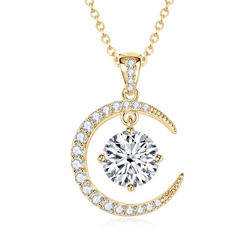 Anziw 8mm 2.0CT D Moissanite Sun Crescent Pendant Necklaces For Women 925 Silver Adjustable Chain Charm Certified Jewelry Gifts