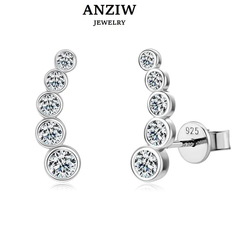 Anziw Earrings Climber with D0.43CT Bezel D Color Moissanite Piercing Studs 100% 925 Silver for Women Jewelry with Certificate