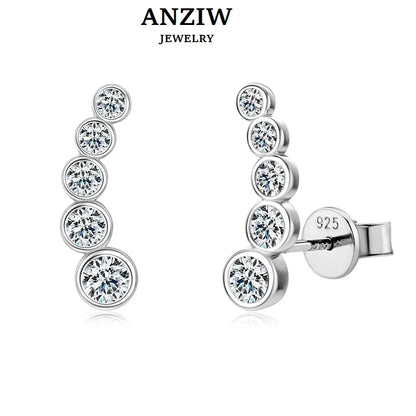 Anziw Earrings Climber with D0.43CT Bezel D Color Moissanite Piercing Studs 100% 925 Silver for Women Jewelry with Certificate