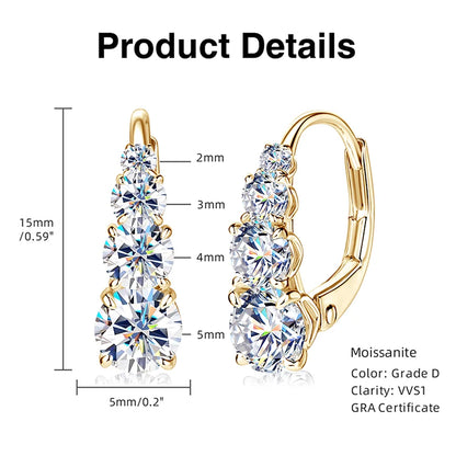 2025 New D VVS1 Moissanite 5 Stone Hoop Clip Earrings for Women Real 925 Silver Luxury Wedding Jewelry Lab Diamond 4mm&3.5mm&3mm