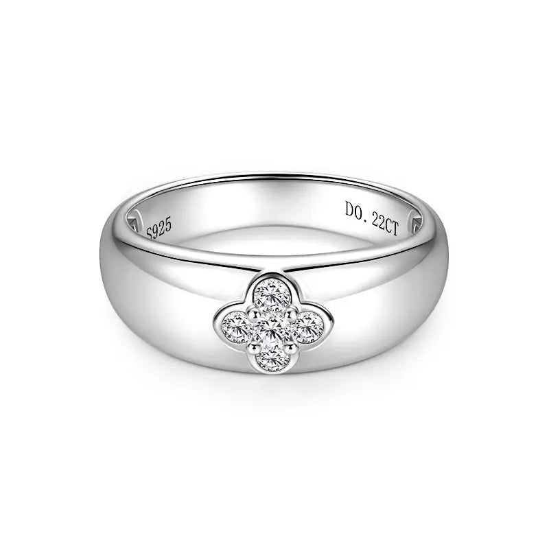 Anziw Trendy 925 Chunky Wide Ring Moissanite Clover Flower Finger Bands Thick Rings for Women S925 Silver Cute Jewelry Certified