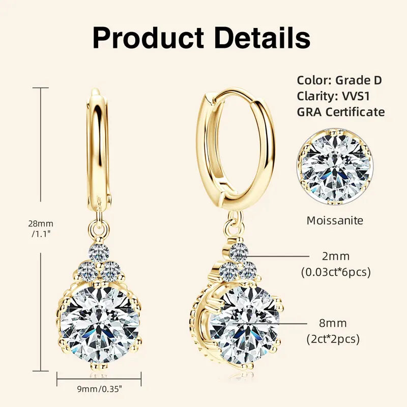 Anziw 2CT 1CT D Color Moissanite Dangle Drop Earrings for Women 925 Silver Elegant Wedding Engagement Earrings with Certificate