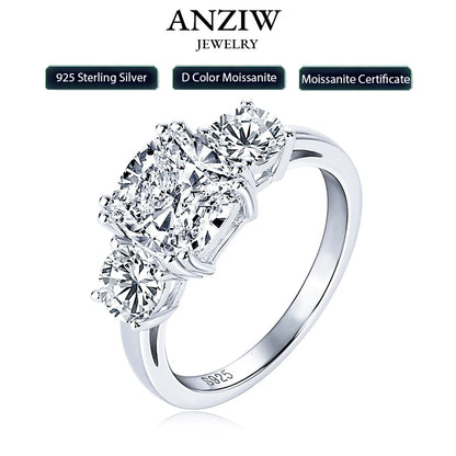 Anziw 3.5CT Three Stone Engagement Ring Band 925 Silver Sterling Cushion Cut Moissanite Wedding Ring Certified Jewelry For Women