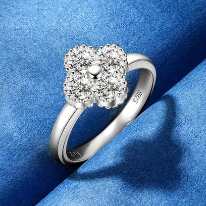 Anziw 0.30CT 4MM Moissanite Ring for Women Real 925 Silver Ring Fashion Clover Flower Finger Jewelry Christmas Valentine's Gifts