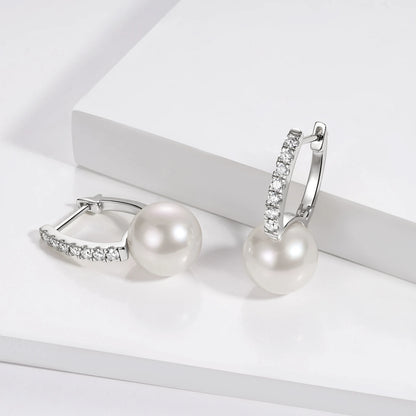 Real 925 Sterling Silver Hoops for Women 10mm Natural Freshwater Pearl Drop Earrings with 1.8mm Moissanite Diamond Jewelry Gifts